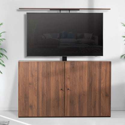 Wooden TV cabinet with a flat-screen TV mounted on it.