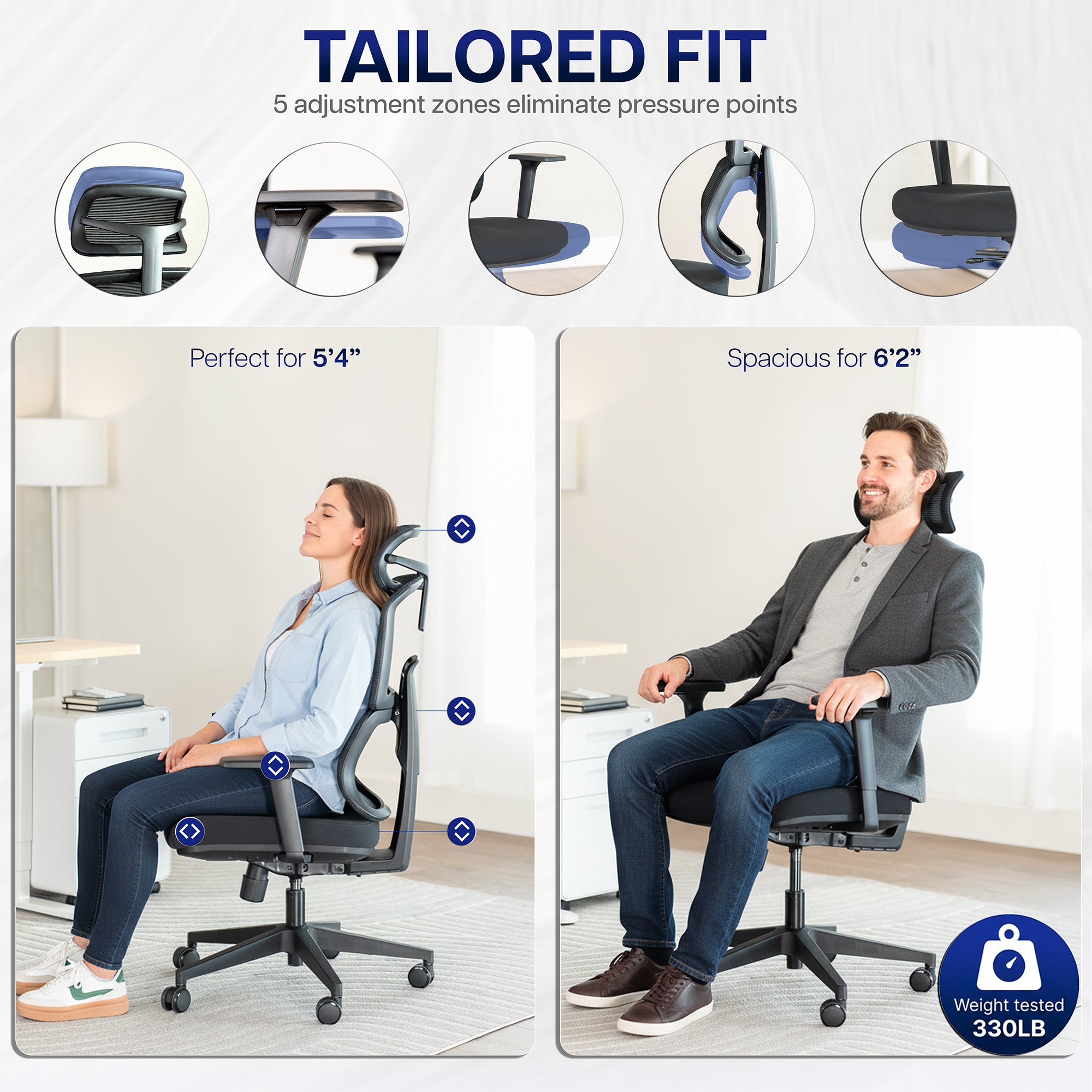 Ergonomic office chair with adjustable features shown on two people.