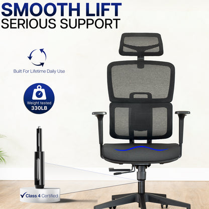 Ergonomic Office Chair on a light background, featuring 'Smooth Lift' and 'Serious Support' text.
