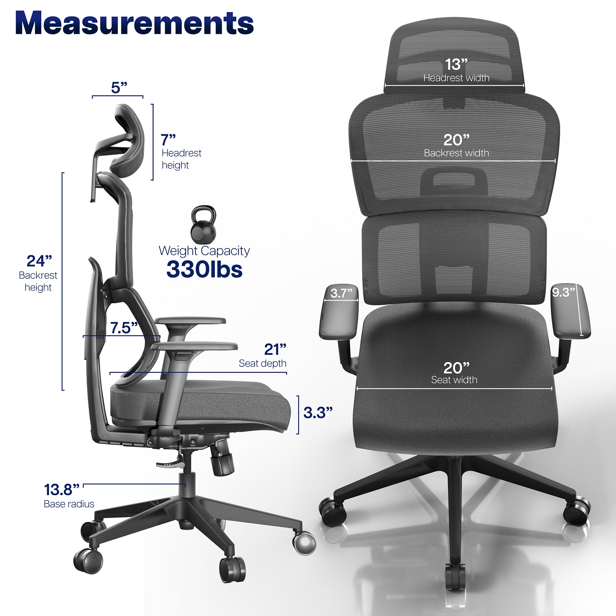 Ergonomic office chair with measurements on a white background