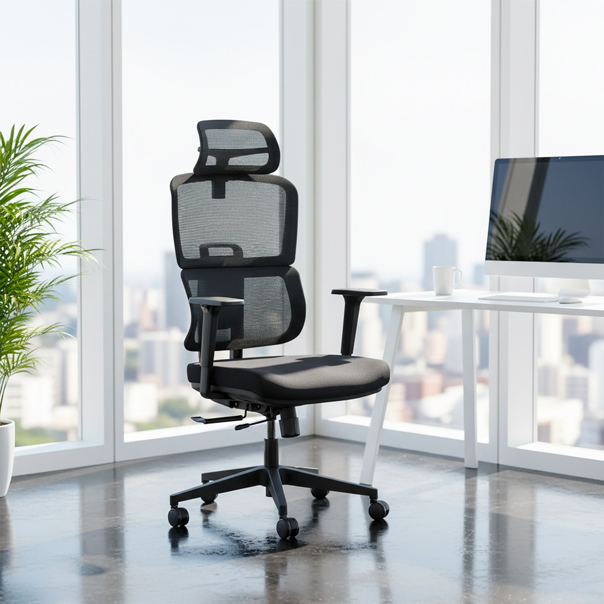 Ergonomic office chair in a modern office setting with large windows.