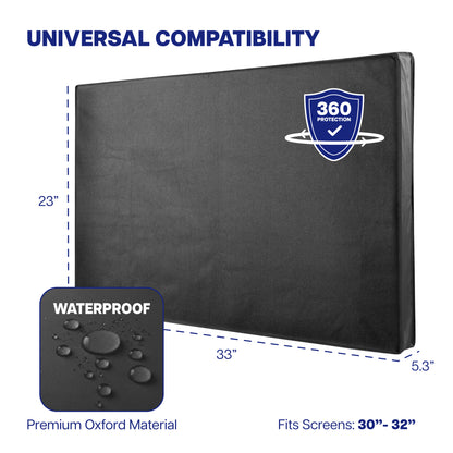 Black TV protector with measurements and compatibility details on a white background
