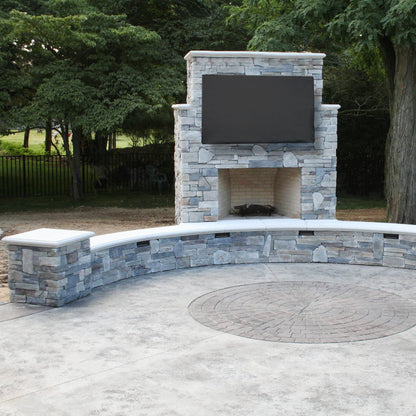 Protective flat screen TV cover in an outdoor patio area.