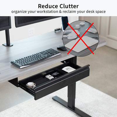 Extra Wide Under Desk Drawer provides a storage option for both standing and fixed height desks, creating a clean, non-cluttered workspace.