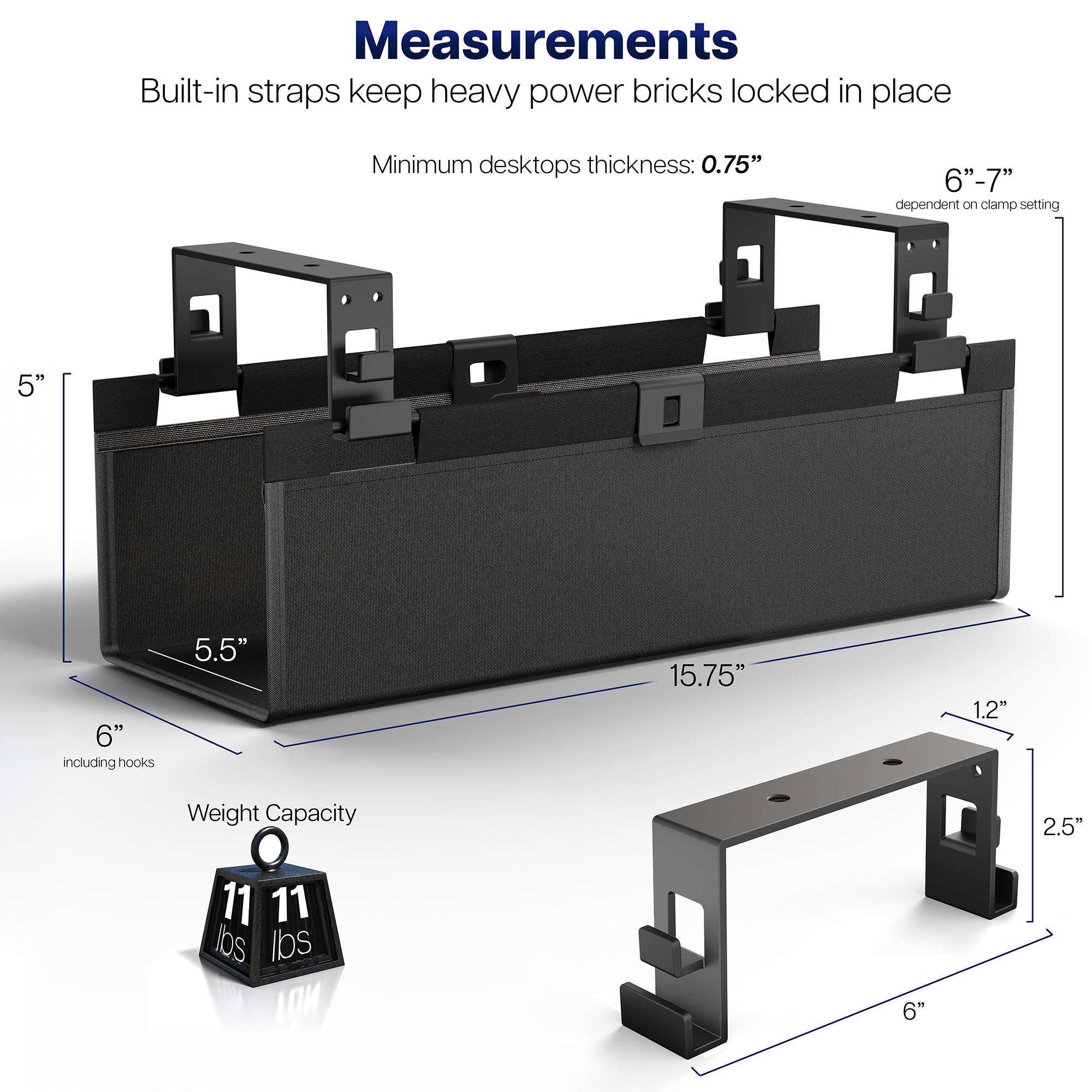 Under Desk Fabric Cable Management Tray  with measurements and specifications on a white background