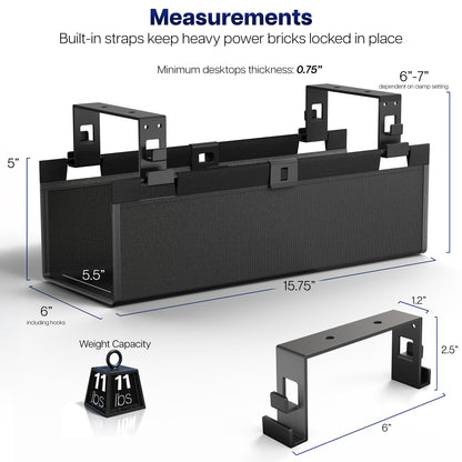 Under Desk Fabric Cable Management Tray  with measurements and specifications on a white background