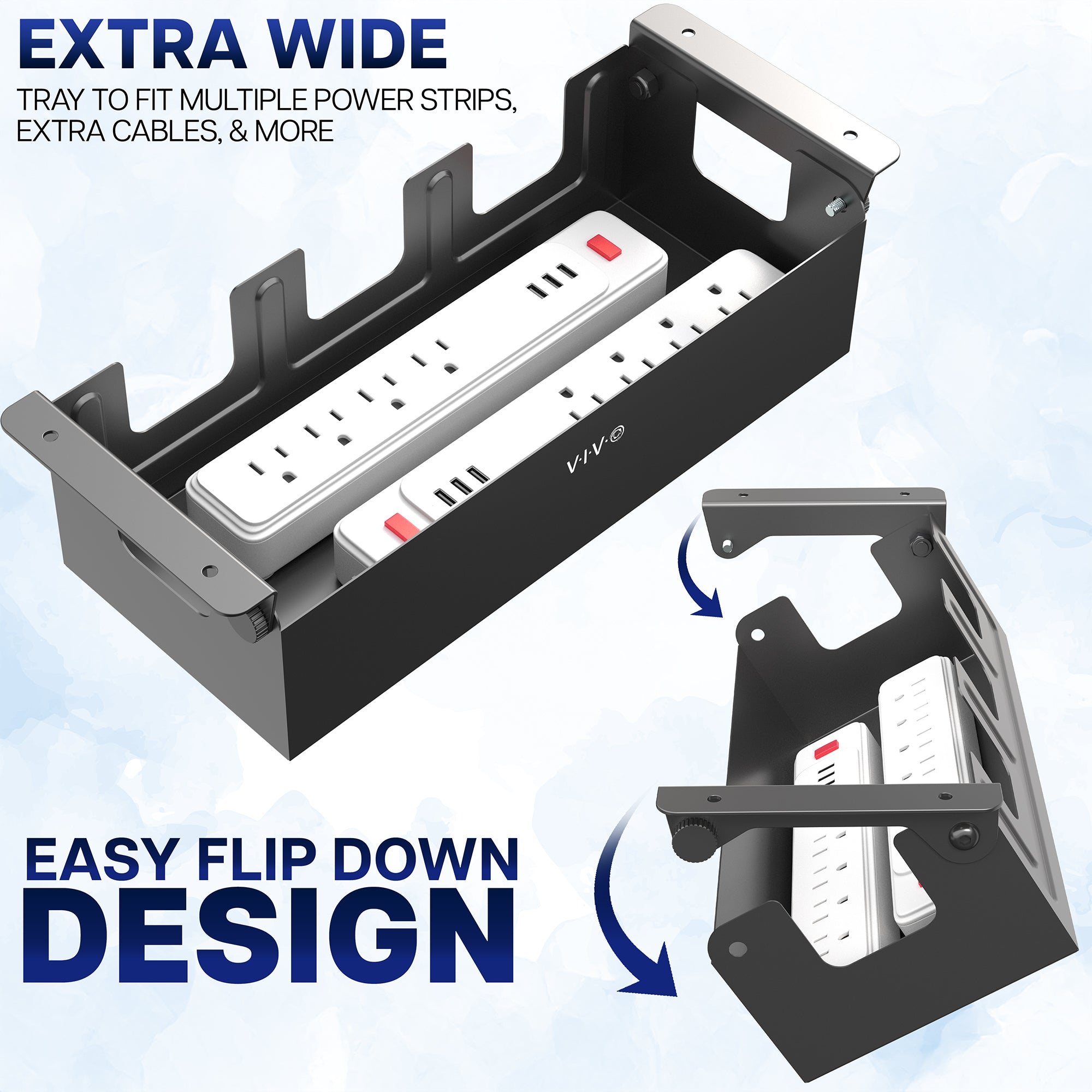 Black Flip Open Under Desk Cable Management Box with power strips, labeled 'Extra Wide' and 'Easy Flip Down Design'.
