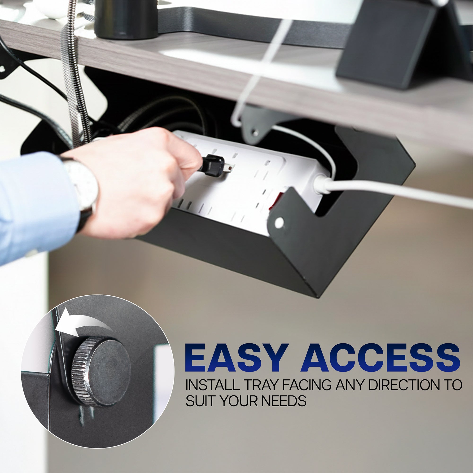 Cable management box that can be installed facing either direction to fit your needs to provide easy access. 