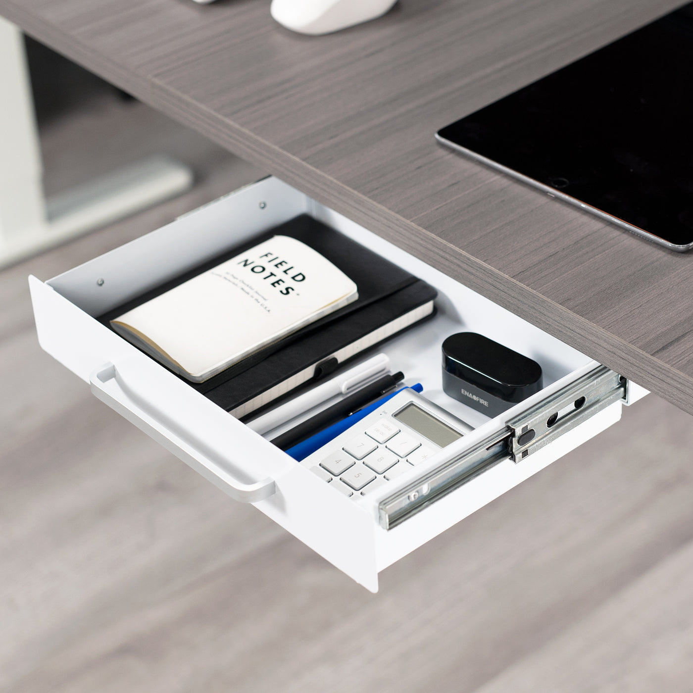 Low profile 13 inch under desk drawer with pull handle for convenient storage and organization.