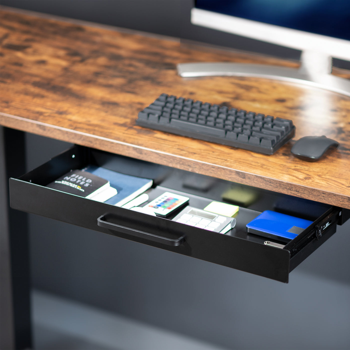 Low profile 22 inch under desk drawer with pull handle for convenient storage and organization.