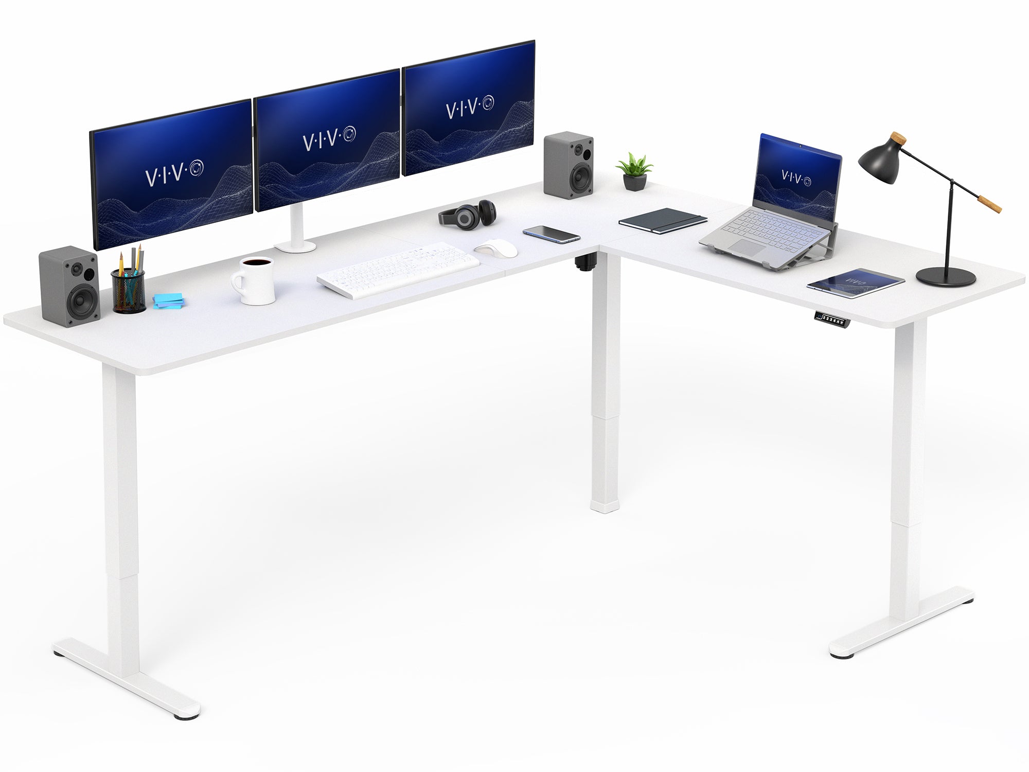 White L-shaped desk with computer setup including monitors, laptop, and office items on a white background