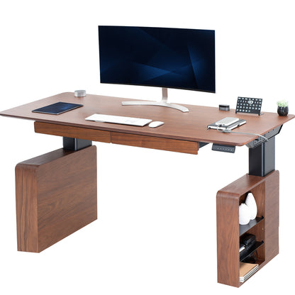 Spacious sit to stand walnut executive desk with two pull-out drawers, adjustable shelving on the reversible legs, and a built-in power strip for convenient connectivity.
