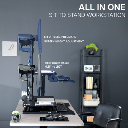 36 inch height adjustable desk riser with articulating mechanical dual monitor mount.