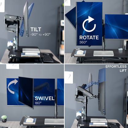 36 inch height adjustable desk riser with articulating mechanical dual monitor mount.
