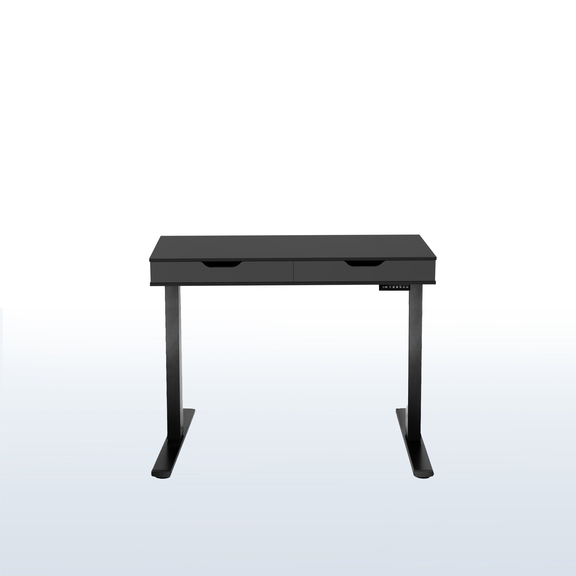 Heavy-duty electric height adjustable desk with drawers, built-in power strip, and memory controller.