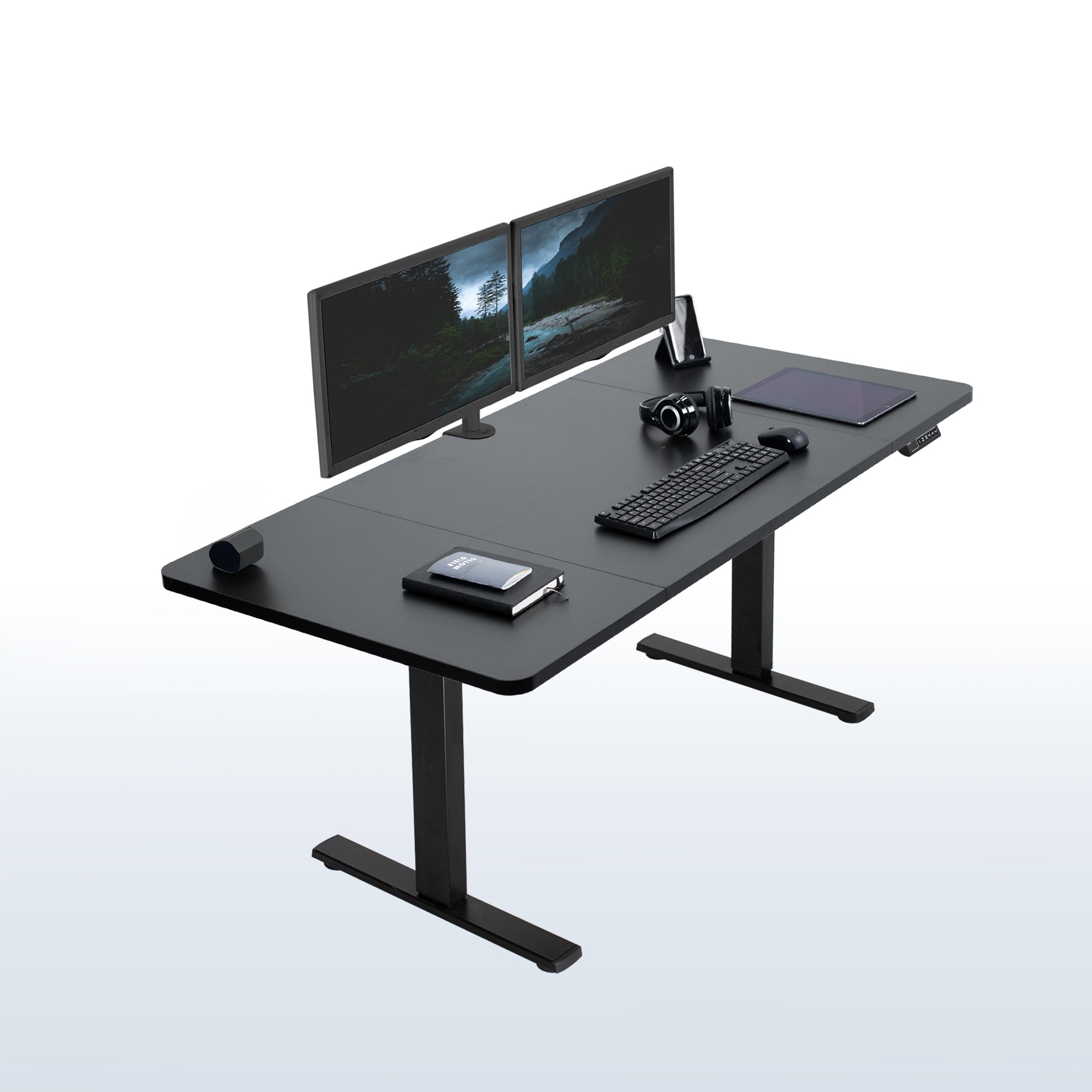 Sturdy ergonomic sit or stand active desk workstation with adjustable height using smart control panel.