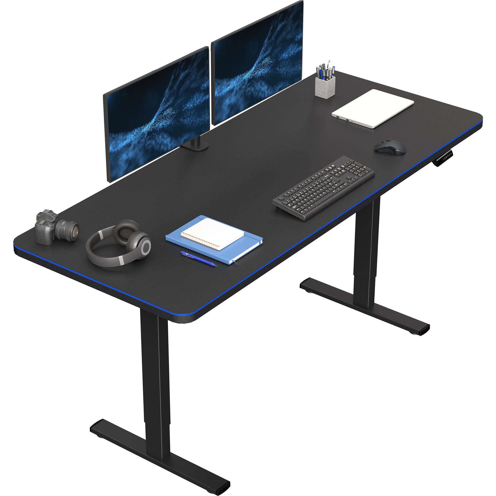 Large sturdy sit or stand modern desk with RGB pad with electric height adjustment options.