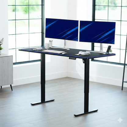 Large sturdy sit or stand modern desk with electric height adjustment options.
