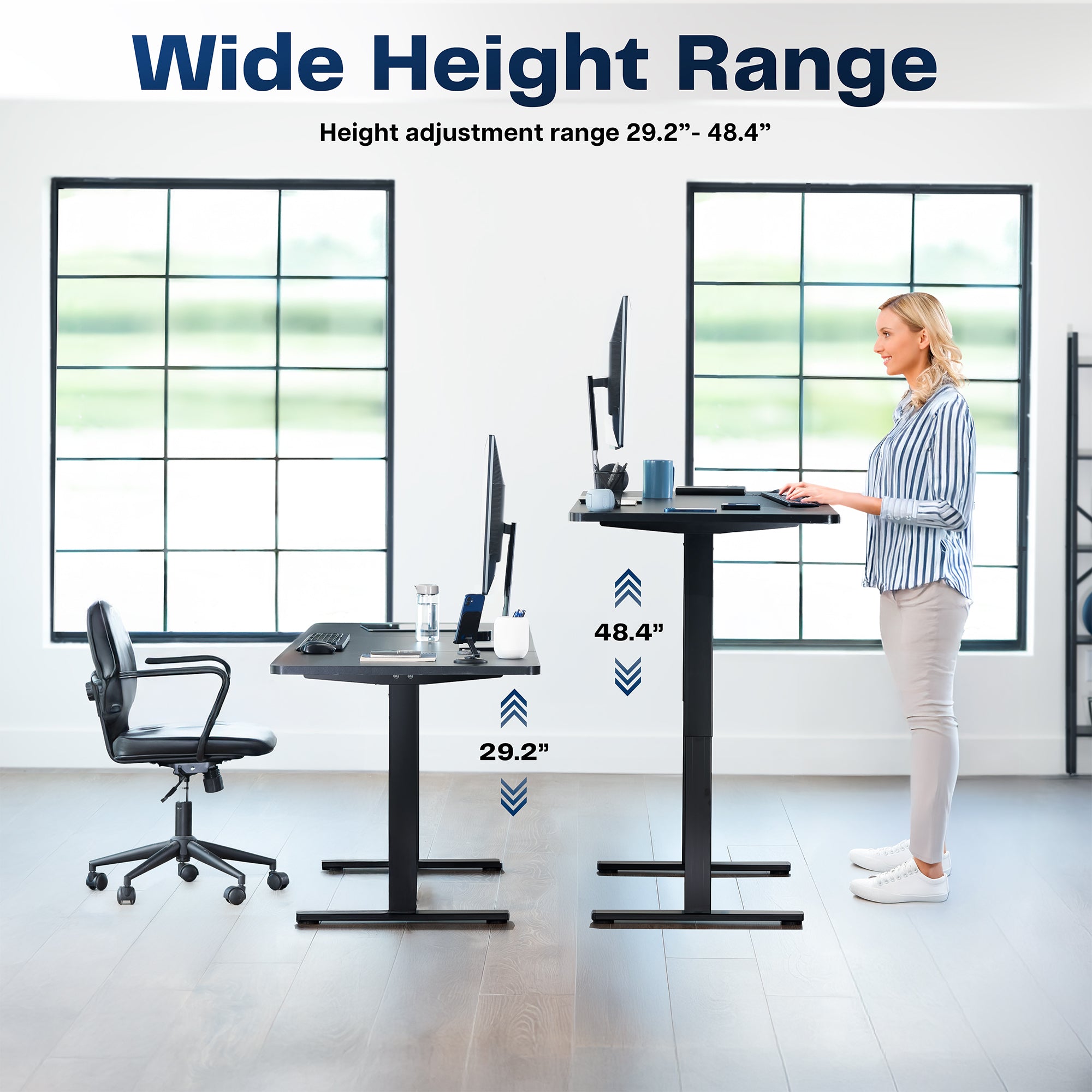 Extra large sturdy sit or stand active workstation with adjustable height using smart control panel.