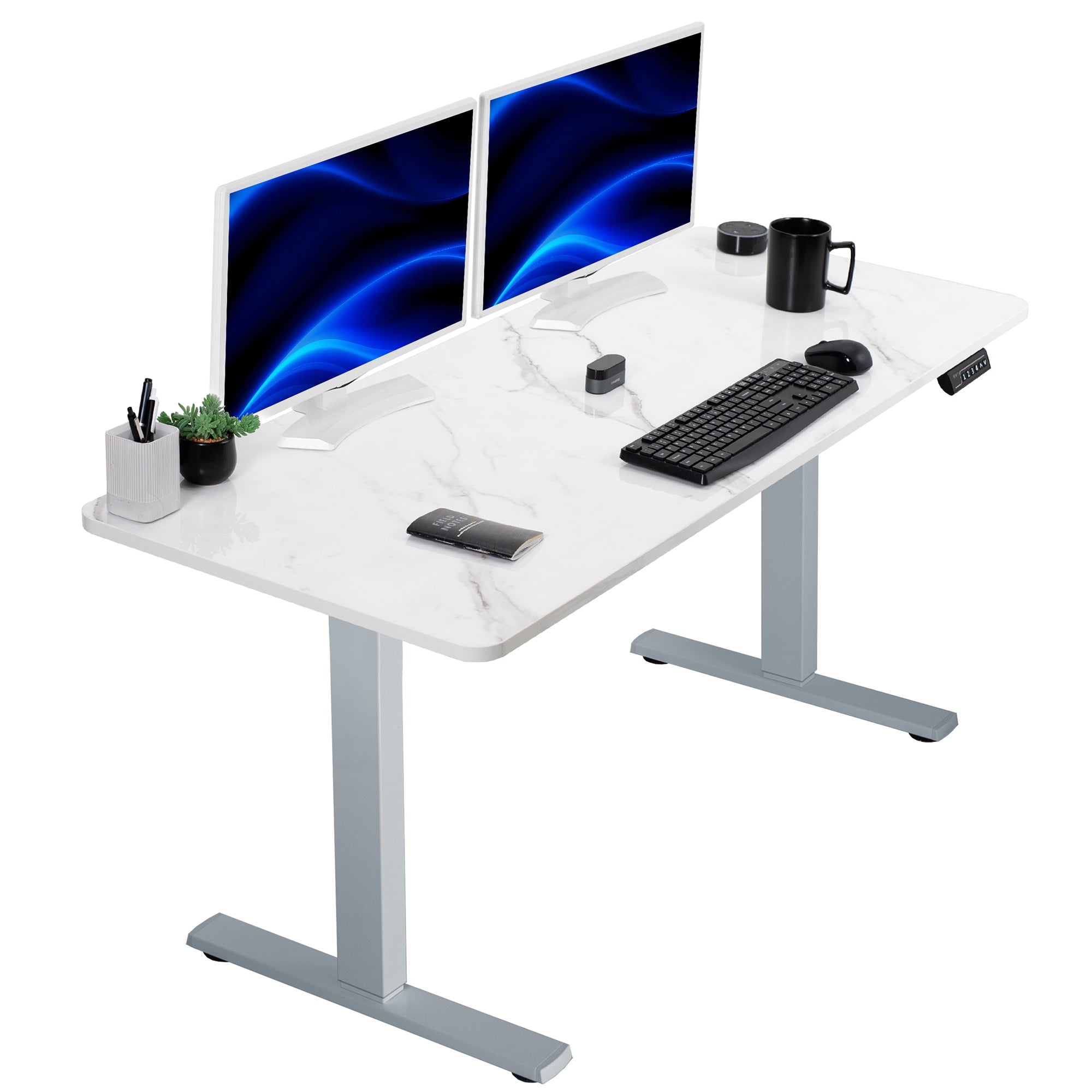 Sturdy ergonomic sit or stand active desk workstation with adjustable height using smart control panel.