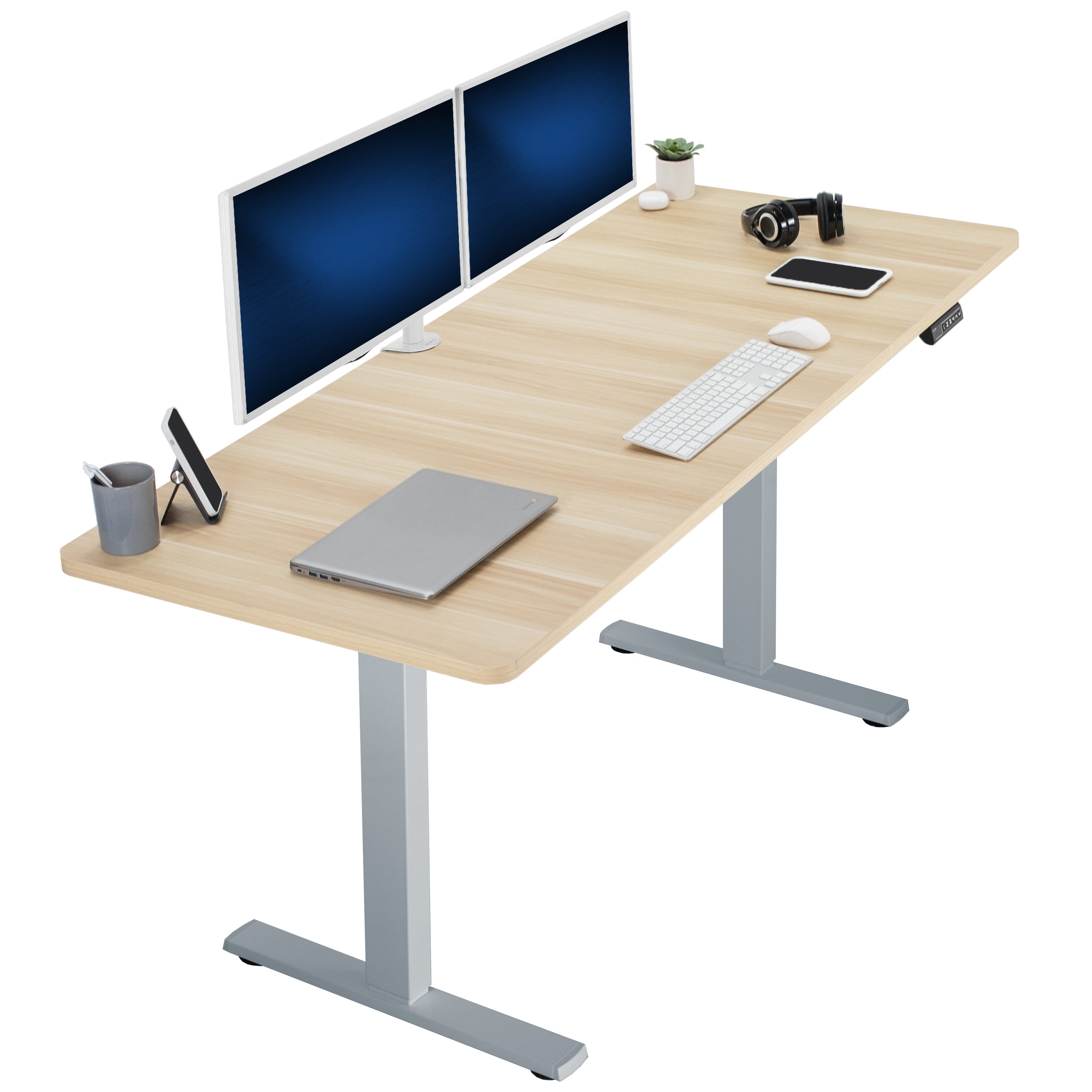 Large sturdy sit or stand modern desk with electric height adjustment options.
