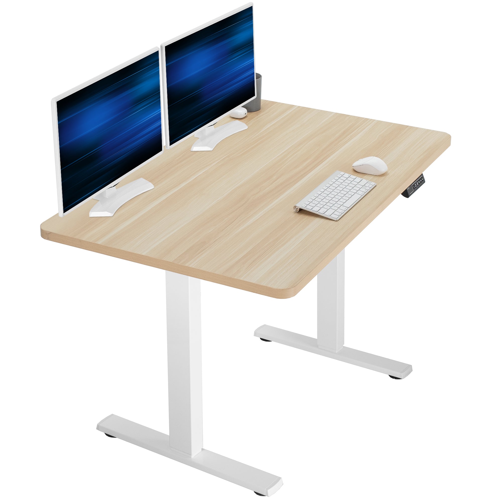 Sturdy ergonomic sit or stand active desk workstation with adjustable height using smart control panel.