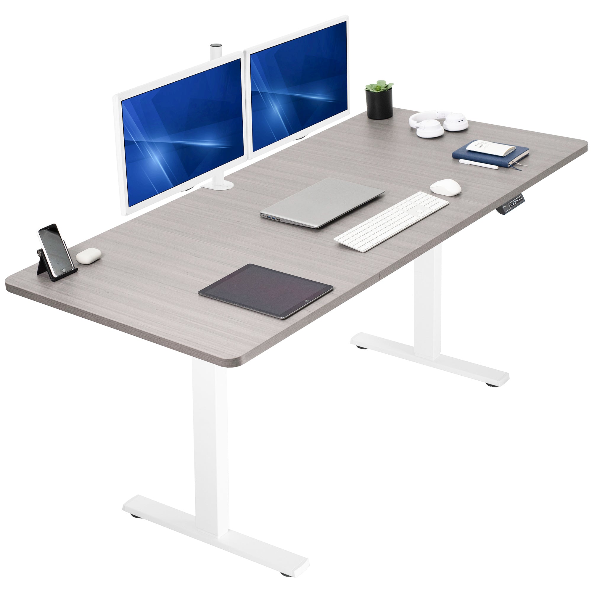 Large sturdy sit or stand modern desk with electric height adjustment options.