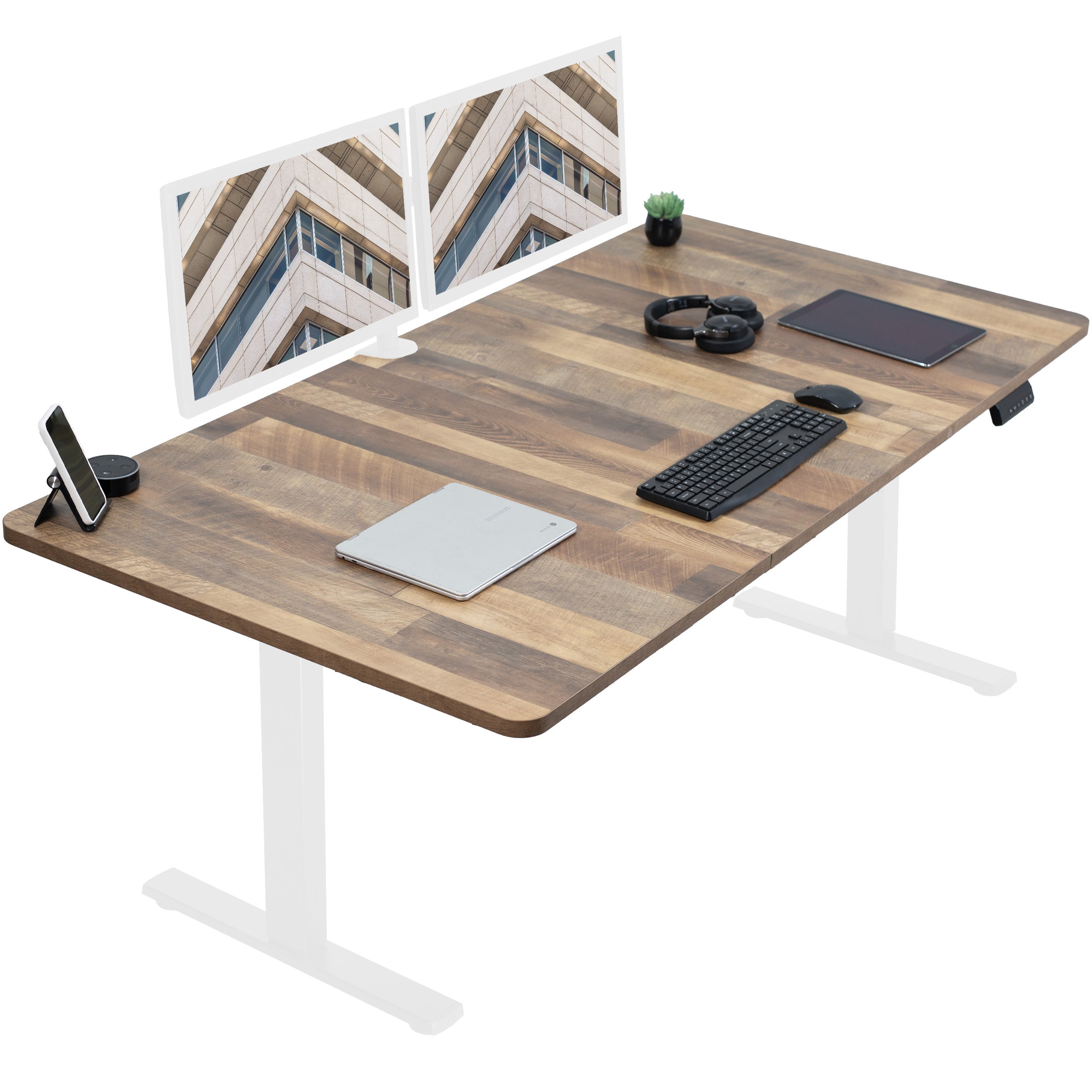 Large sturdy sit or stand modern desk with electric height adjustment options.