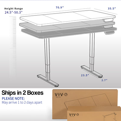 71" x 36" Electric Desk provides a convenient sit and stand workstation for the home or office. Desk parts ship in two separate boxes and may arrive on separate days.