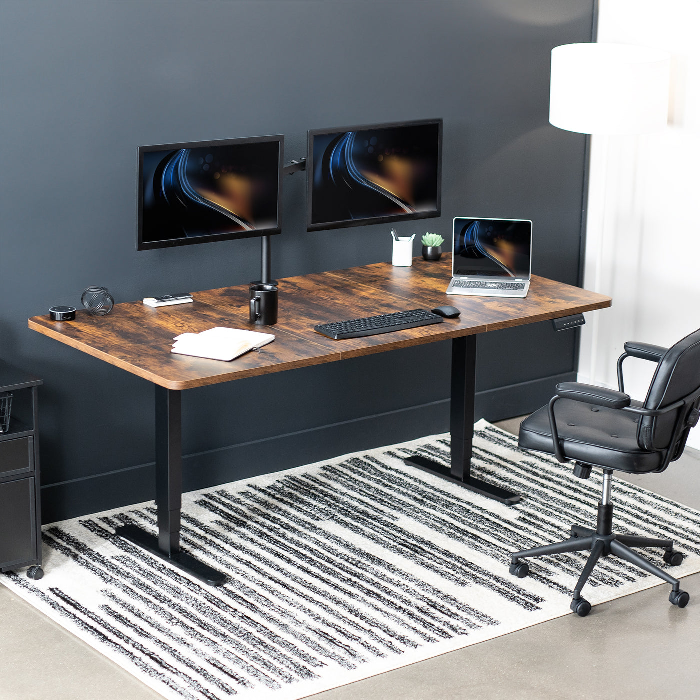 71" x 36" Rustic Electric Desk provides a convenient sit and stand workstation for the home or office.