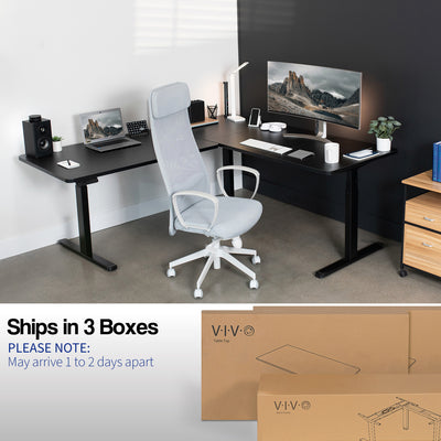 Sit or stand, 3-stage column, heavy-duty, L-shaped corner desk from VIVO. Desk parts ship in three separate boxes and may arrive on separate days.
