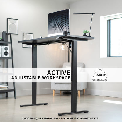 Adjustable standing desk in a home office setting with text highlighting features.