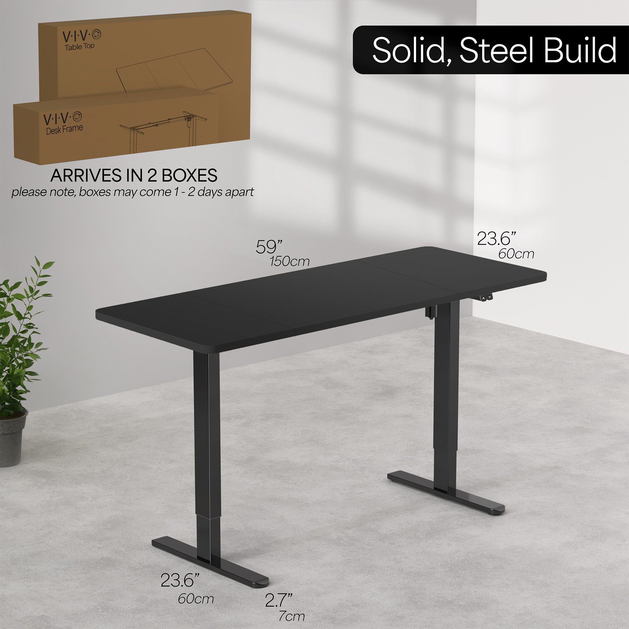 Black adjustable desk with dimensions and packaging information on a neutral background