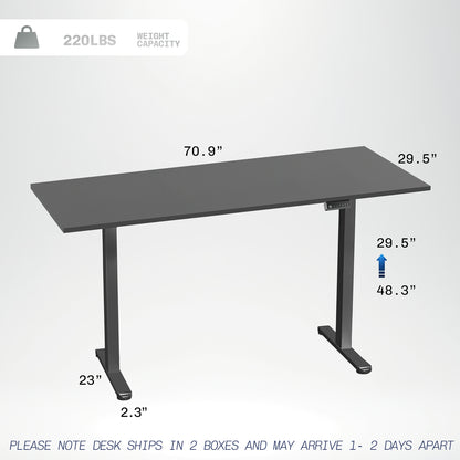 71 x 30 inch dual motor electric desk with squared edges, featuring memory controller height adjustment with memory settings