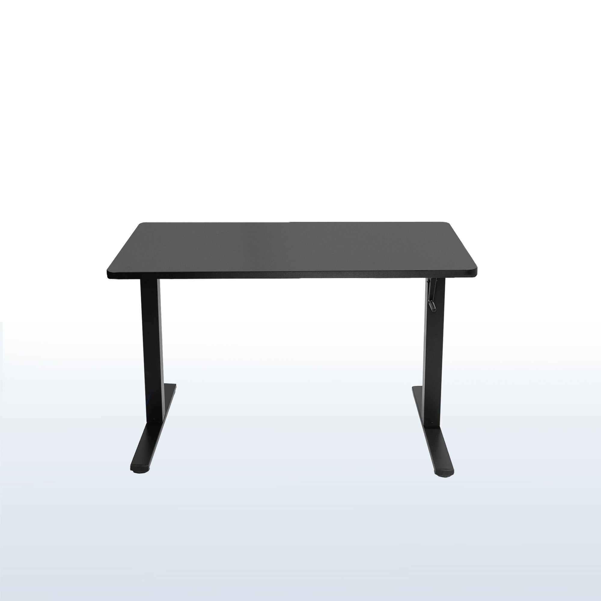 Black manual height adjustable desk with side crank handle.