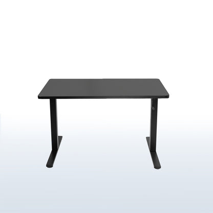 Black manual height adjustable desk with side crank handle.