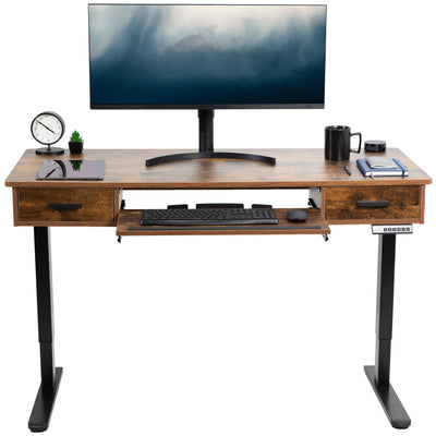 Electric Height Adjustable 55 x 24 inch Stand Up Desk, Complete Active Standing Workstation with Rustic Vintage Brown Table Top, Rear-set Legs, Storage Drawers, Pull Out Keyboard Tray