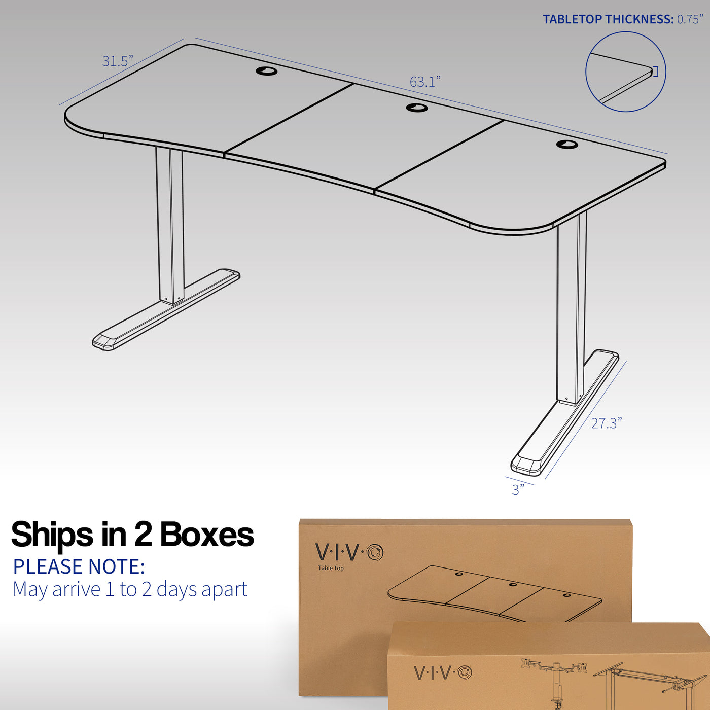 Dimensions of electric desk with a note of potential separate delivery due to the desk being shipped in two separate boxes.