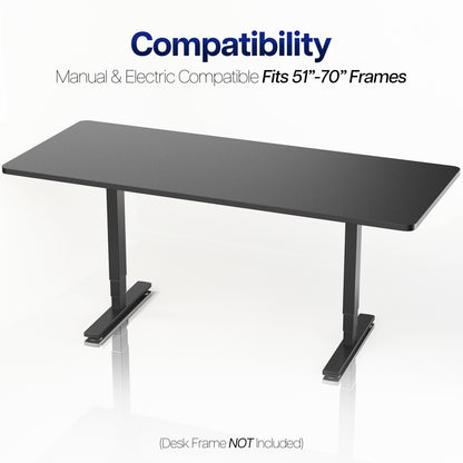 Black adjustable desk on a white background with compatibility text.