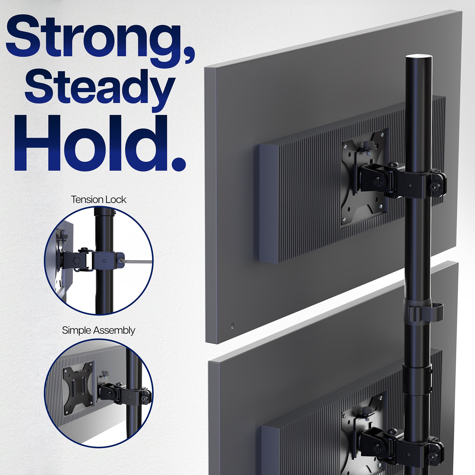 TV mount with text 'Strong, Steady Hold' on a white background