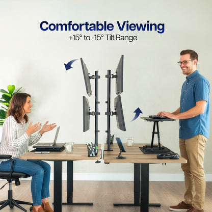 Two people at a desk with adjustable monitors and standing desk, emphasizing comfortable viewing angles.