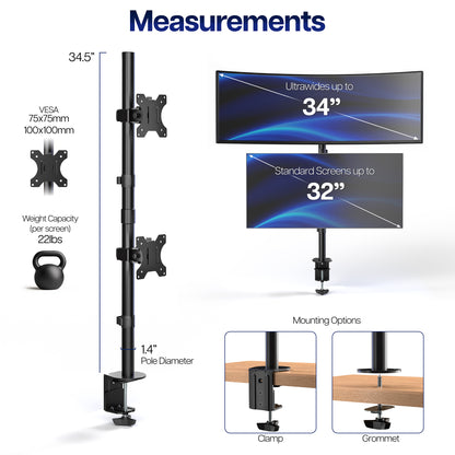 Monitor stand with measurements and screen size capacity on a white background