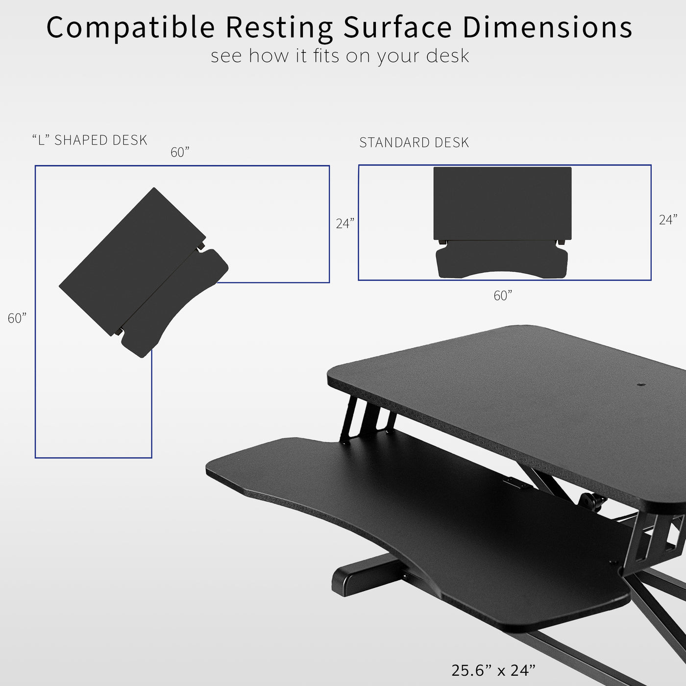 Heavy-duty height adjustable desk converter platform with 2 tiers.