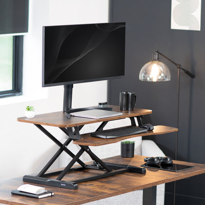 Rustic heavy-duty height adjustable desk converter monitor riser with 2 tiers.