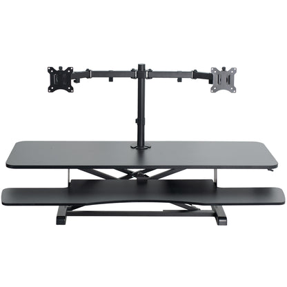 Sturdy height adjustable desk converter with articulating dual monitor mount.