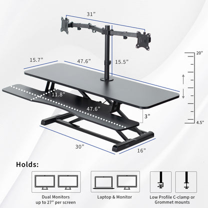 Sturdy height adjustable desk converter with articulating dual monitor mount.