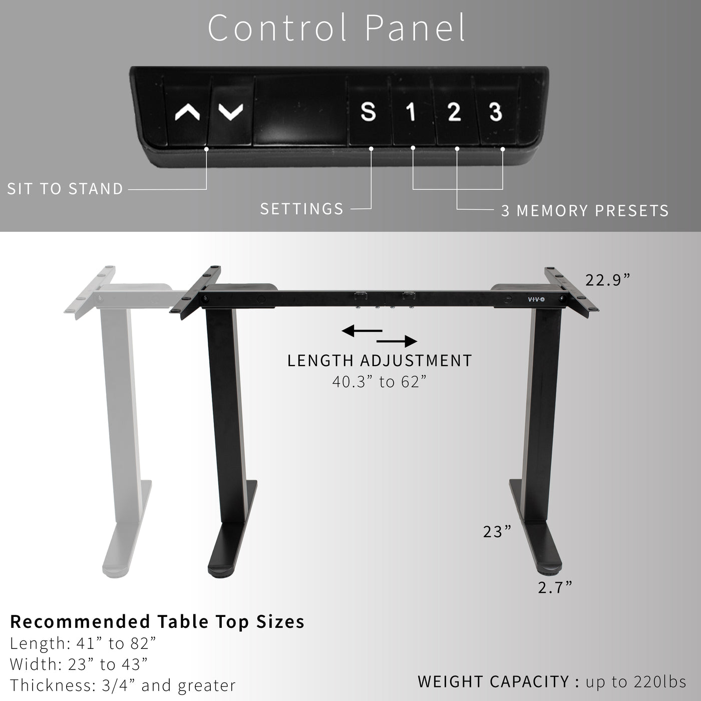 Electric desk frame with a hefty weight capacity and length adjustment to best fit your tabletop.