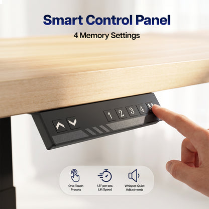 Close-up of a smart control panel under a wooden desk, with a finger pressing the number pad. Text reads 'Smart Control Panel' and '4 Memory Settings,' with feature icons below.