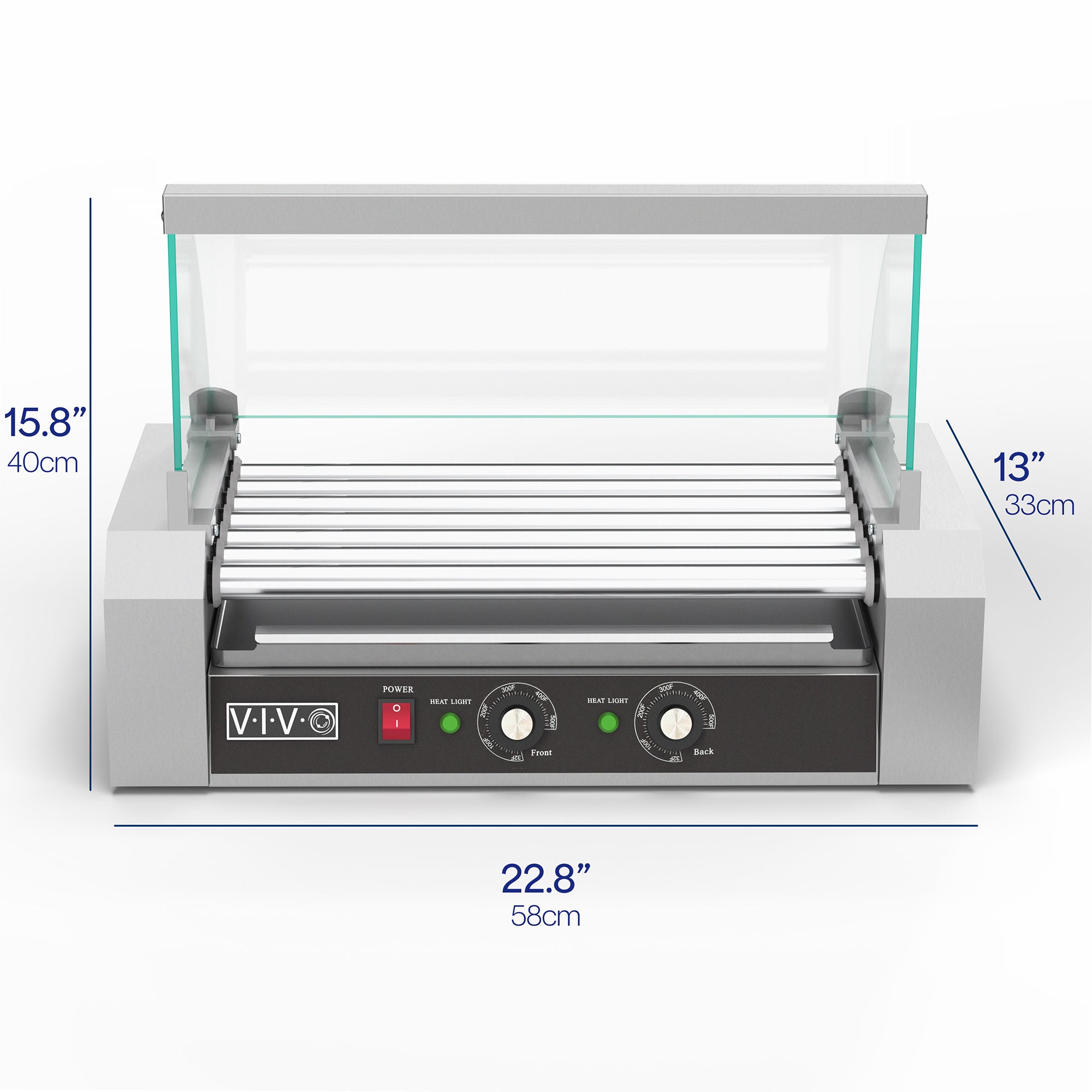 Seven-roller hotdog machine with sanitation hood.