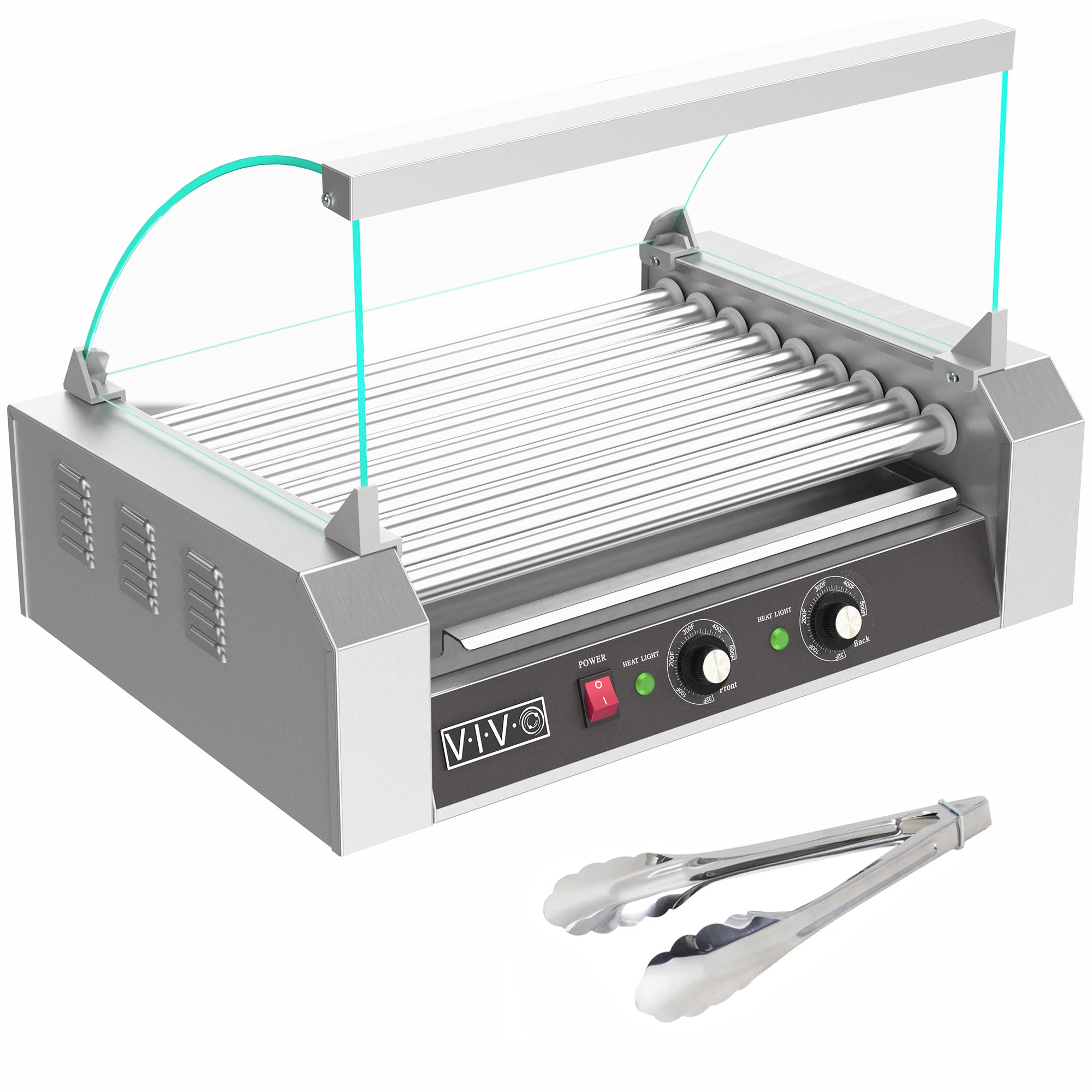 Nine-roller hotdog machine with sanitation hood.